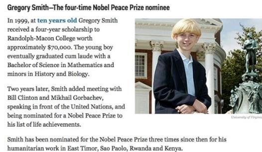 美國第一神童 葛烈格里·史密斯最年輕的諾貝兒和平獎提名者