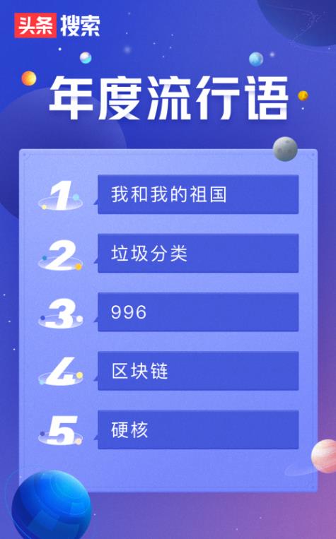 今日頭條搜索2019年度流行語榜單:我和我的祖國、垃圾分類、996前三